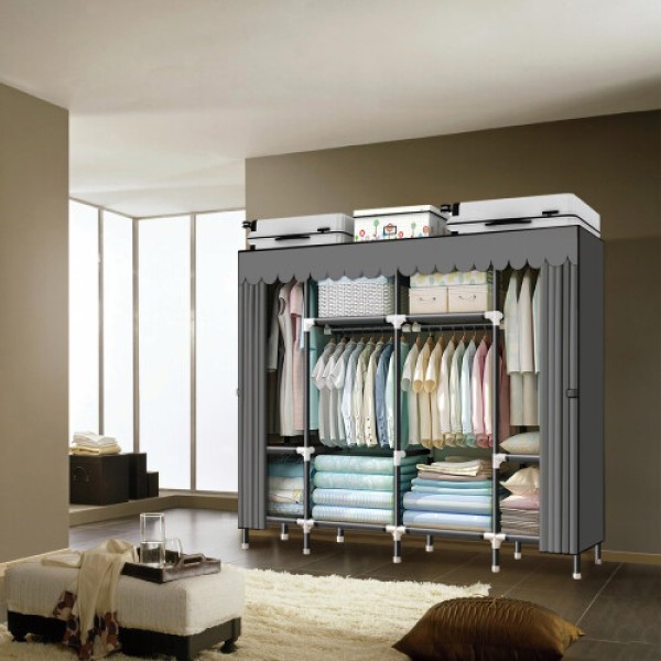 HESMENO portable wardrobe, clothing storage and organization rack with hanging rods and shelves, foldable wardrobe with fabric cover, quick and easy to assemble.